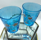 Set of 2 Antique Vintage Dugan Glass Co? Blue Enameled Flowers Lemonade Tumblers
