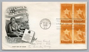 1948 Honoring Gold Star Mothers Patriotic First Day Cover 3C Block of 4 Sc#969 - Picture 1 of 2