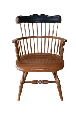 Sillón estilo Windsor Frederick Duckloe Bros vintage con respaldo de cuero Foto 1 de 4