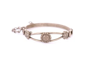 1930's Chinese Solid Silver Bangle Cuff Bracelet Moth Butterfly Motif - Picture 1 of 8