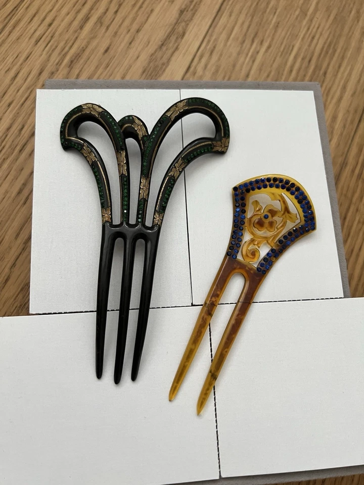 Set of 2 Vintage Japanese Hair Fork Pin Comb kanzashi celluloid - Image 1 of 4