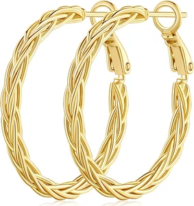 Pendientes de aro de oro de 14K para mujer Pendientes de aro retorcidos gruesos Diseño de tejido fino - Imagen 1 de 12
