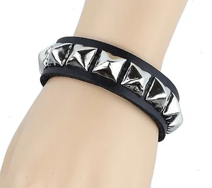 Single Row Silver Pyramid Stud Punk Gothic Bikers Metal Genuine Leather Bracelet - Picture 1 of 4