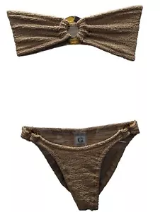 HUNZA G Gloria Bandeau Bikini Metallic Cocoa Brown Crinkle ONE SIZE NEW RRP150 - Picture 1 of 12