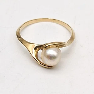 Vtg 14K Gold Cultured Pearl Ring Sz 7.75 Modernist Setting Solitaire Estate - Picture 1 of 6