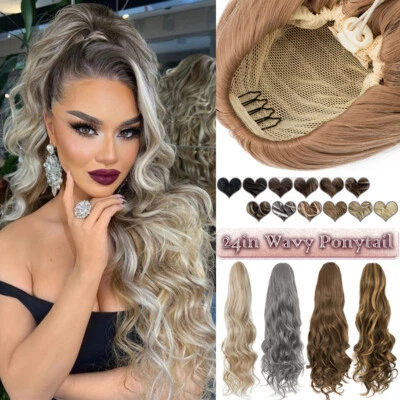 Long Drawstring Clip Ponytail Real As Human Hair Pony Tail Extension Balayage US - Image 1 of 4