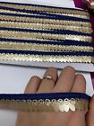 2 yards Navy Cotton trim Ribbon lace with Gold oval sequins sewing 1.5cm 