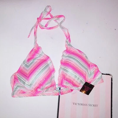 Top de bikini de natación Victoria Secret 34B rosa blanco aguamarina rayas con volantes Foto 1 de 4
