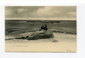 Brant Rock, Marshfield MA 1905 postal, tres hombres con perro en roca, playa - Imagen 1 de 2