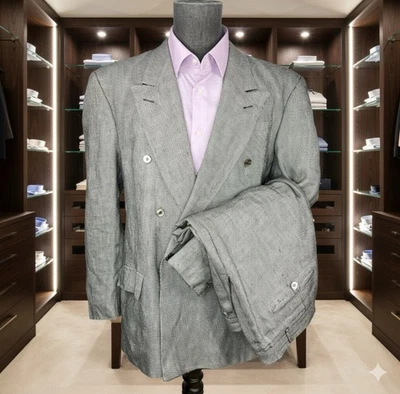 Traje De Colección Hugo Boss 100% Lino 40 32x32 Negro Blanco Doble Pecho Power Look Foto 1 de 4