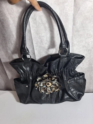 Black Faux Leather Y2K Handbag Shoulder Bag  Flower Detail Whimsigoth Bohemian - Image 1 of 4