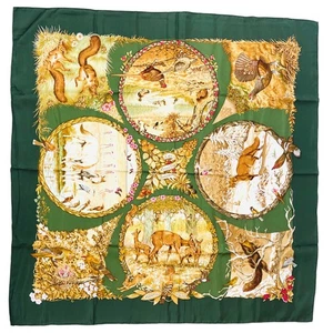 Hermes Scarf Carre Les Quatre Saison Silk Green 90 Authentic 1026 - Picture 1 of 14