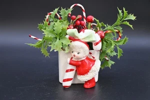 Vintage Christmas Pixie Elf Candy Cane Green Bow Planter Vase Figurine Japan - Picture 1 of 16