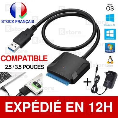 Cable Adaptateur Sata III Vers Usb Pour Disque 2.5" 3.5" SSD HDD + Alimentation - Bild 1 von 4