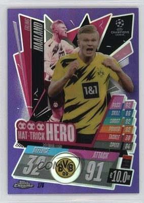 2020 Chrome Match Attax UCL Hat-Trick Hero Purple Refractor /299 Erling Haaland - Image 1 of 2