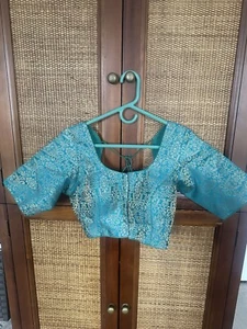 Blue, Green Faux Banarasi Saree Sari Blouse, Embossed Gold Design. 38” NWOT! - Picture 1 of 10