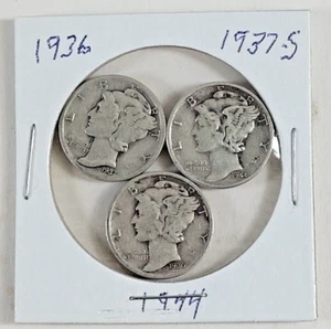 Mercury Dime 3 coin lot 1936 - 1937S - 1944 90% Silver 10¢ Coins - Picture 1 of 2