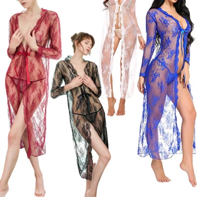 Women Sexy Lace Long Robe Lingerie Bridal Babydoll Lingerie Sheer Wedding Gown - Image 1 of 4
