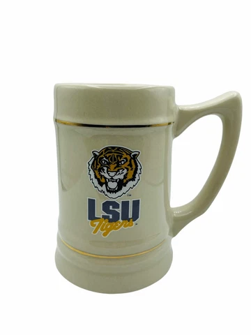 LSU Stein Ceramic Tiger Mug With Gold Toned Accents And Purple Mascot Cover