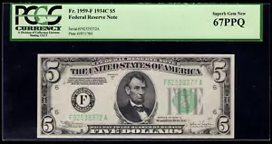 1934-C $5 FEDERAL RESERVE NOTE FR. 1959-F ATLANTA PCGS 67 PPQ GEM NOTE CRISP! - Picture 1 of 3