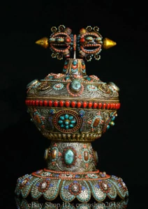 16 " Old Tibet Buddhism Silver Turquoise Gem Phurba Dagger Holder Pot Tank Jug - Picture 1 of 9