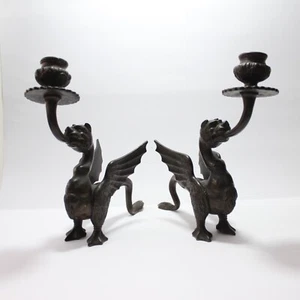 Coppia di Candelieri Zoomorfi Draghi in bronzo Neo Gotici Fine XIX Secolo ('800) - Imagen 1 de 19