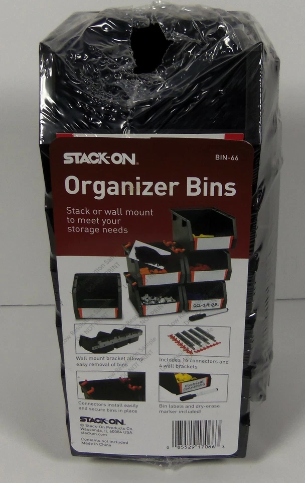 Stack-On Organizer Bin 6 Pack with Hanging Rail Black 4.25 x 5.25 x 3.25″ BIN-66 - Image 1 of 3