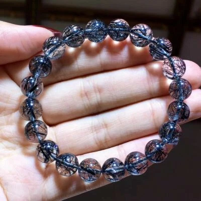 Genuine Natural Black Rutilated Quartz Crystal Round Beads Bracelet 9.5mm AAAA - Image 1 of 4