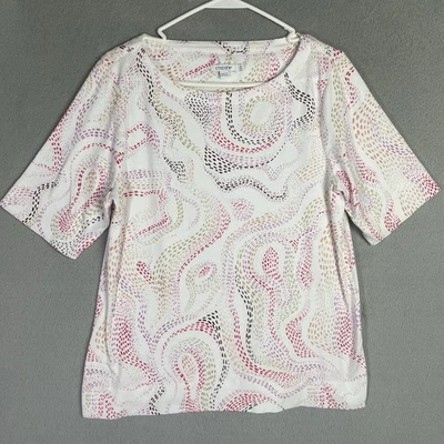 Chico’s Top Womens 2 Size L Multicolor Short Sleeve Crew Neck Pima Cotton Casual - Image 1 of 4