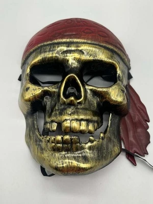 Antique Gold Pirate Skull Mask with Red Bandana, Halloween Costume Accessory - Image 1 of 4
