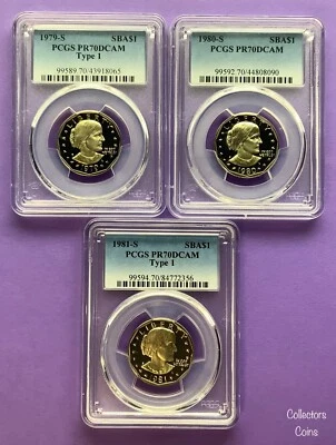1979 T1, 1980 y 1981 T1 S $1 Susan B Anthony dólar prueba graduación profesional 70 juego de 3 monedas Foto 1 de 2