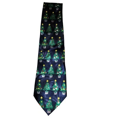 Christmas Tree Necktie Blue Steven Harris Hand Made Star Lights Candy Cane Santa - Image 1 of 4