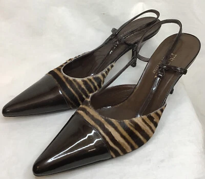 Escada Shoe Brown Patent Pointed Toe Pump Zebra Calf Hair Trim Size 9 - Image 1 of 4