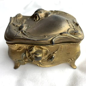 Antique Art Nouveau Rose Footed Jewelry Casket Style Hinged Box Floral Decorated - Picture 1 of 10