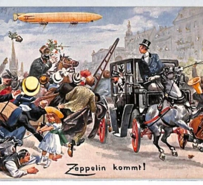 GERMANY Art Comic Postcard *ZEPPELIN KOMMT* Used 1911 HORSES {samwells}PG267 - Image 1 of 4