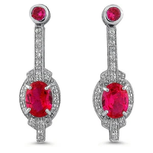 DECO ANTIQUE STYLE 925 SOLID STERLING SILVER 4 CT LAB-CREATED RUBY EARRINGS #668 - Picture 1 of 2