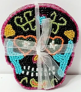 Juego de 4 posavasos con cuentas calavera de azúcar del día de los muertos hechos a mano India ¡Nuevo! - Imagen 1 de 1