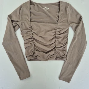 HOLLISTER Top Small Grey Womens Long Sleeved Square Neck Ruched - Picture 1 of 22