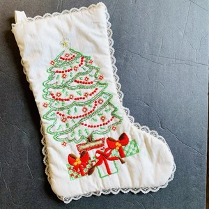Vintage handgenähte bestickte Weihnachtsbaumstrumpf Perlen - Bild 1 von 10