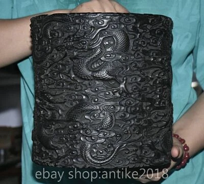 Jarrón lápiz 9,2 "antiguo chino de madera de ébano tallada dinastía palacio dragón cepillo maceta Foto 1 de 4