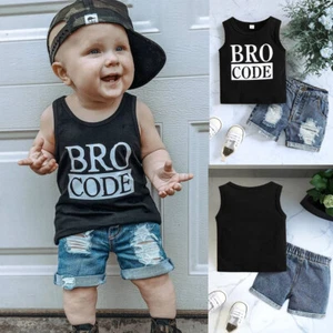 Baby Toddler Boys Summer Outfit Set Sleeveless Letter Print Tops + Denim Shorts - Picture 1 of 14