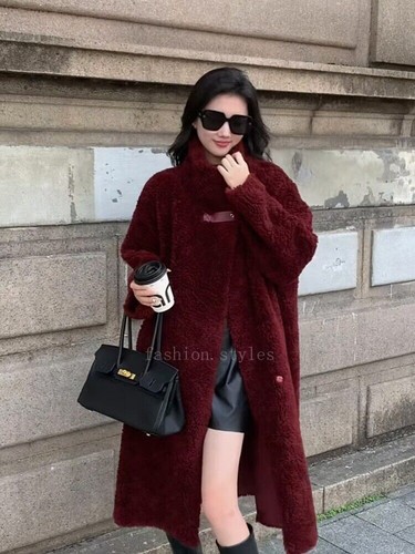 OFF WHITE Cappotti lunghi da donna 100% lana vera pelliccia di agnello shearling collo alto