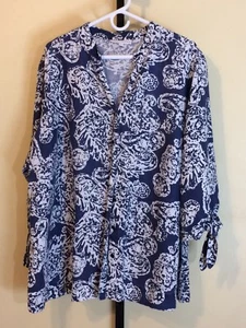 JM Collection Blue White Paisley Linen Jacket Top Blouse Cover Up 22W - Picture 1 of 10