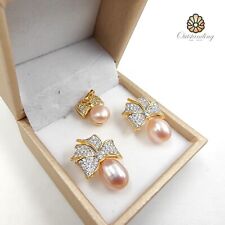 Large Natural Seawater 9+mm Pink Pearl Earrings Stamped S925 Matching Pendant
