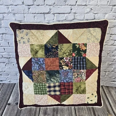 Small Vintage Pillow Handmade Quilted patchwork multicolor pattern 16X16 READ - Image 1 of 4