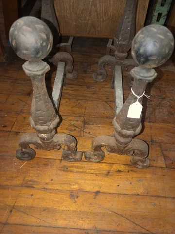 Antique Pair Of Cast Iron  Hammered Ball Fireplace Andirons- VG Cover