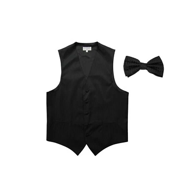 New Men's Vertical Tone on Tone stripes tuxedo Vest Waistcoat & bowtie Black - Image 1 of 4