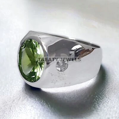 Piedras preciosas de corte ovalado de peridoto con anillo de plata de ley 925 para hombre #936 Foto 1 de 4