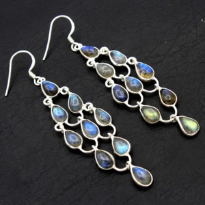Pendientes colgantes largos sólidos sólidos de plata esterlina 925 para joyería Spectrolite labradorita - Imagen 1 de 2