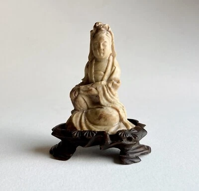 AS IS Antique Chinese Carved Soapstone Seated Guanyin Figure & Fitted Wood Stand - Image 1 of 4
